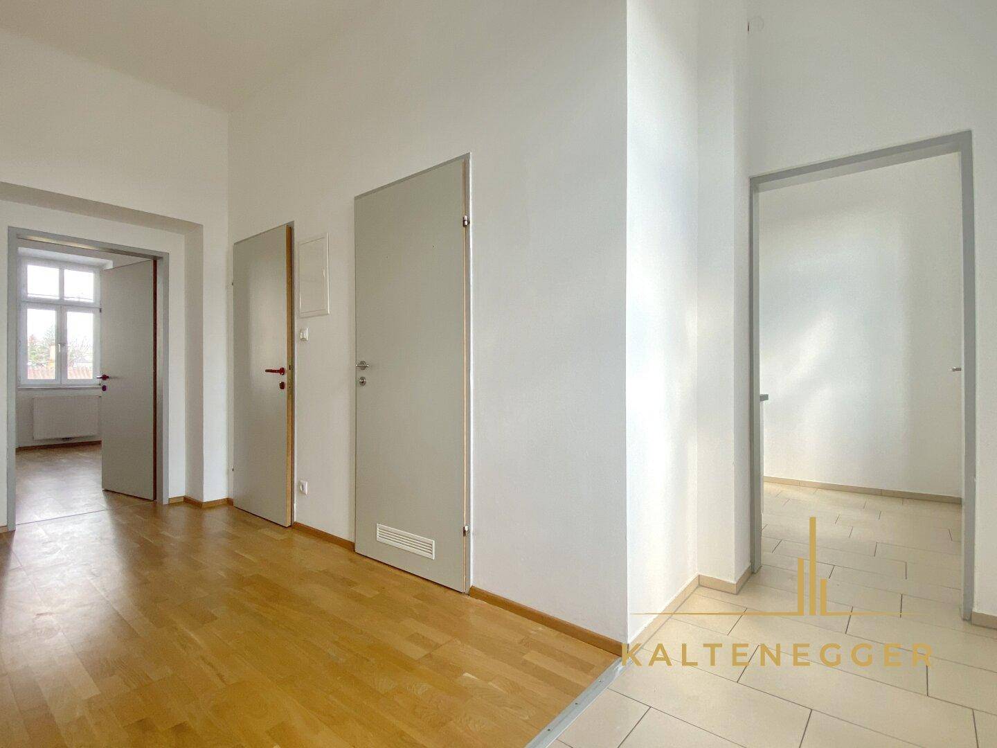 Langer Flur mit Parkettboden und Fliesen im Eingangsbereich, verbindet mehrere Zimmer.