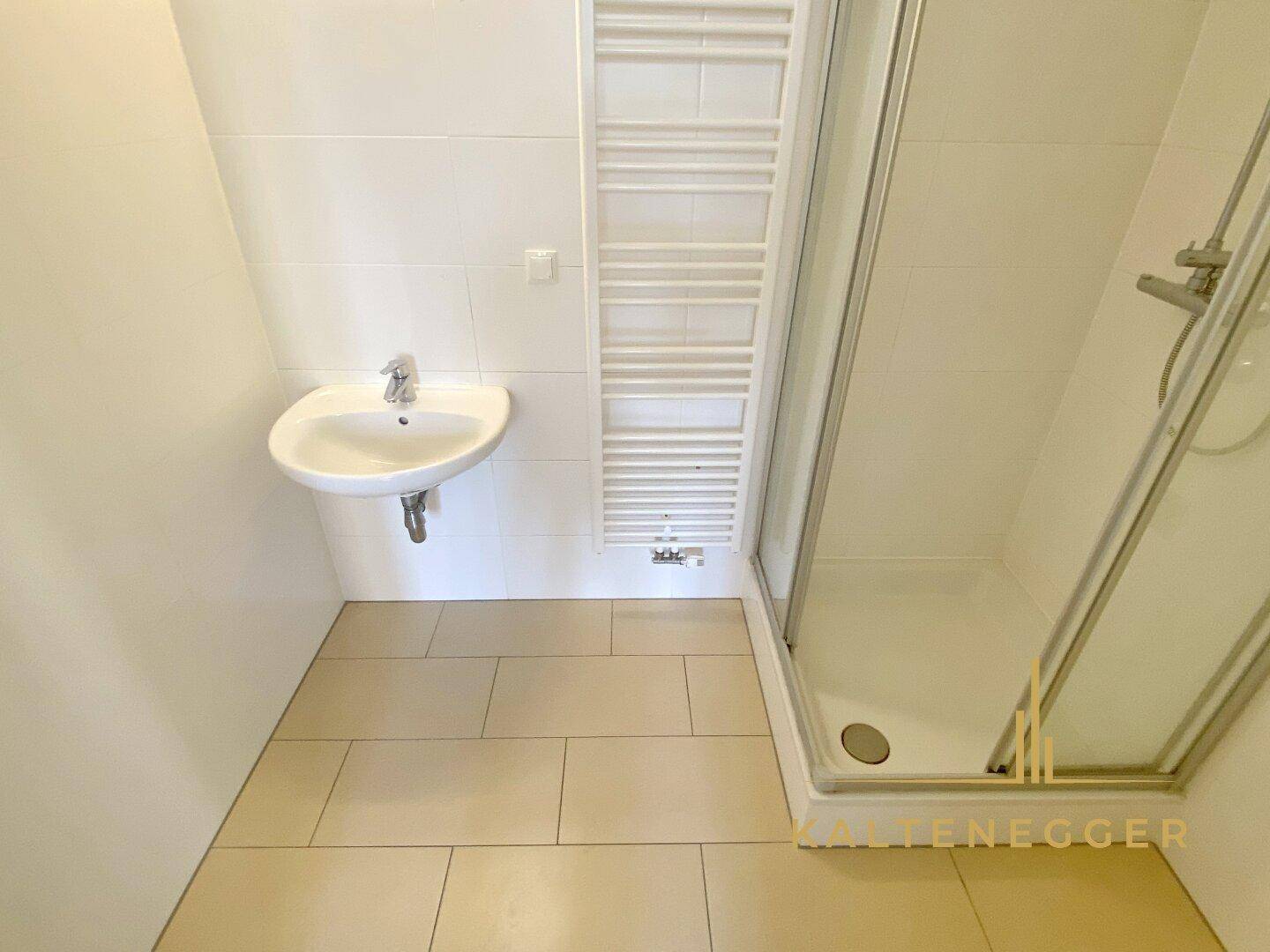 Modernes Badezimmer mit Dusche, Waschbecken und beheiztem Handtuchhalter.