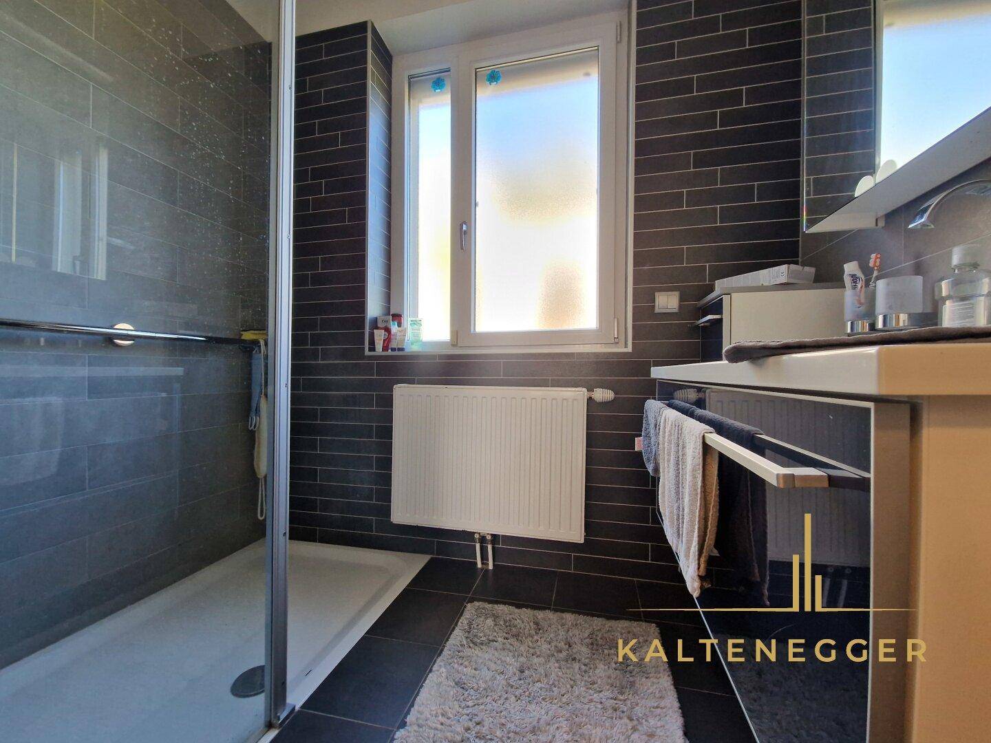 Modernes Badezimmer mit dunklen Fliesen, Duschkabine und Fenster für natürliches Licht.