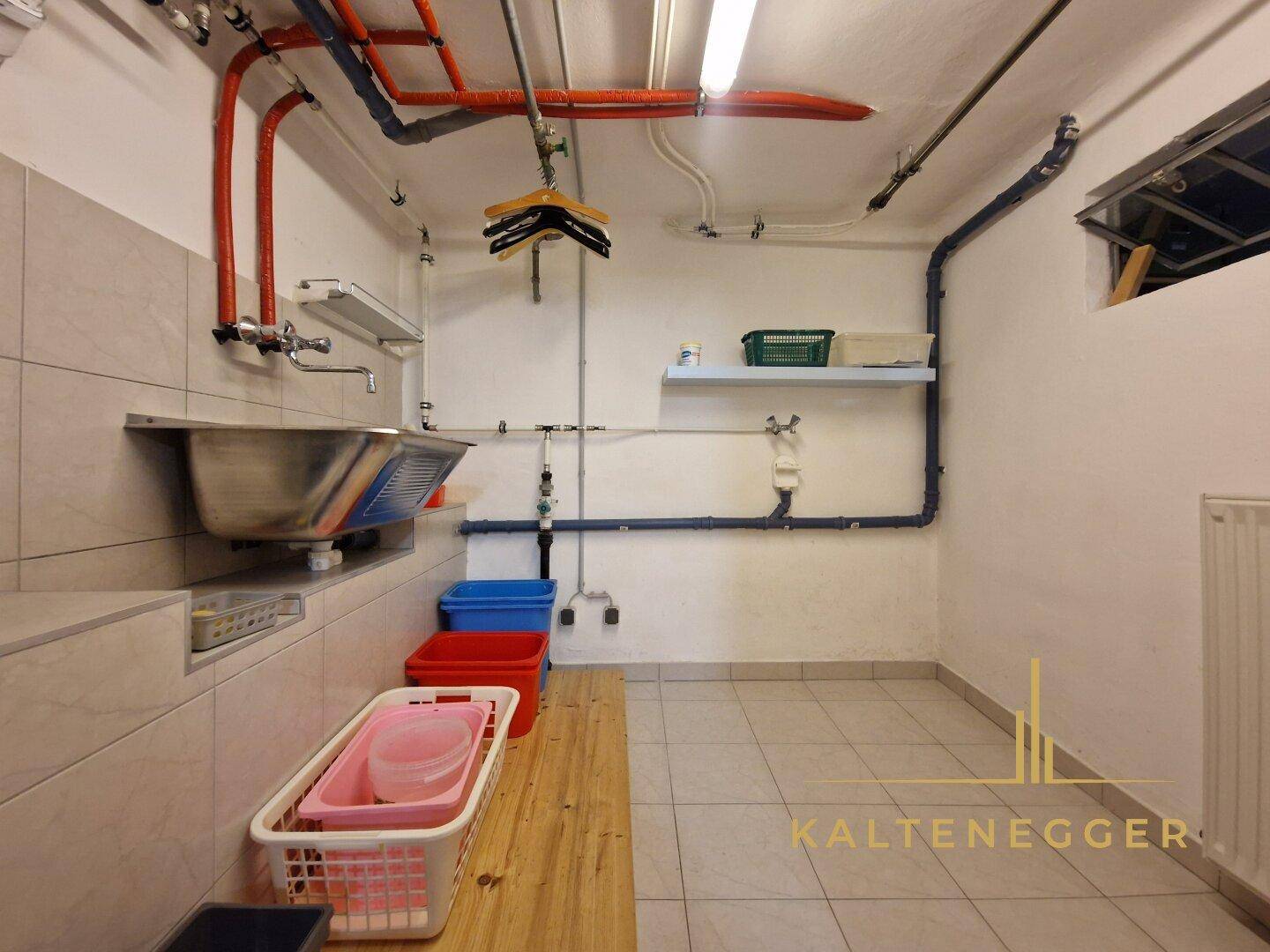 Praktischer Hauswirtschaftsraum im Keller mit Waschbecken und sichtbaren Installationen.
