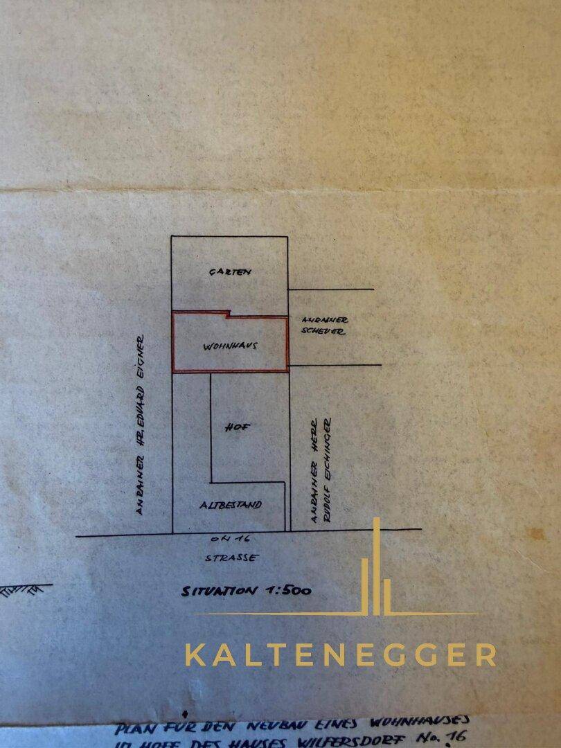 Historischer Lageplan des Wohnhauses mit Garten und Hofbereich.