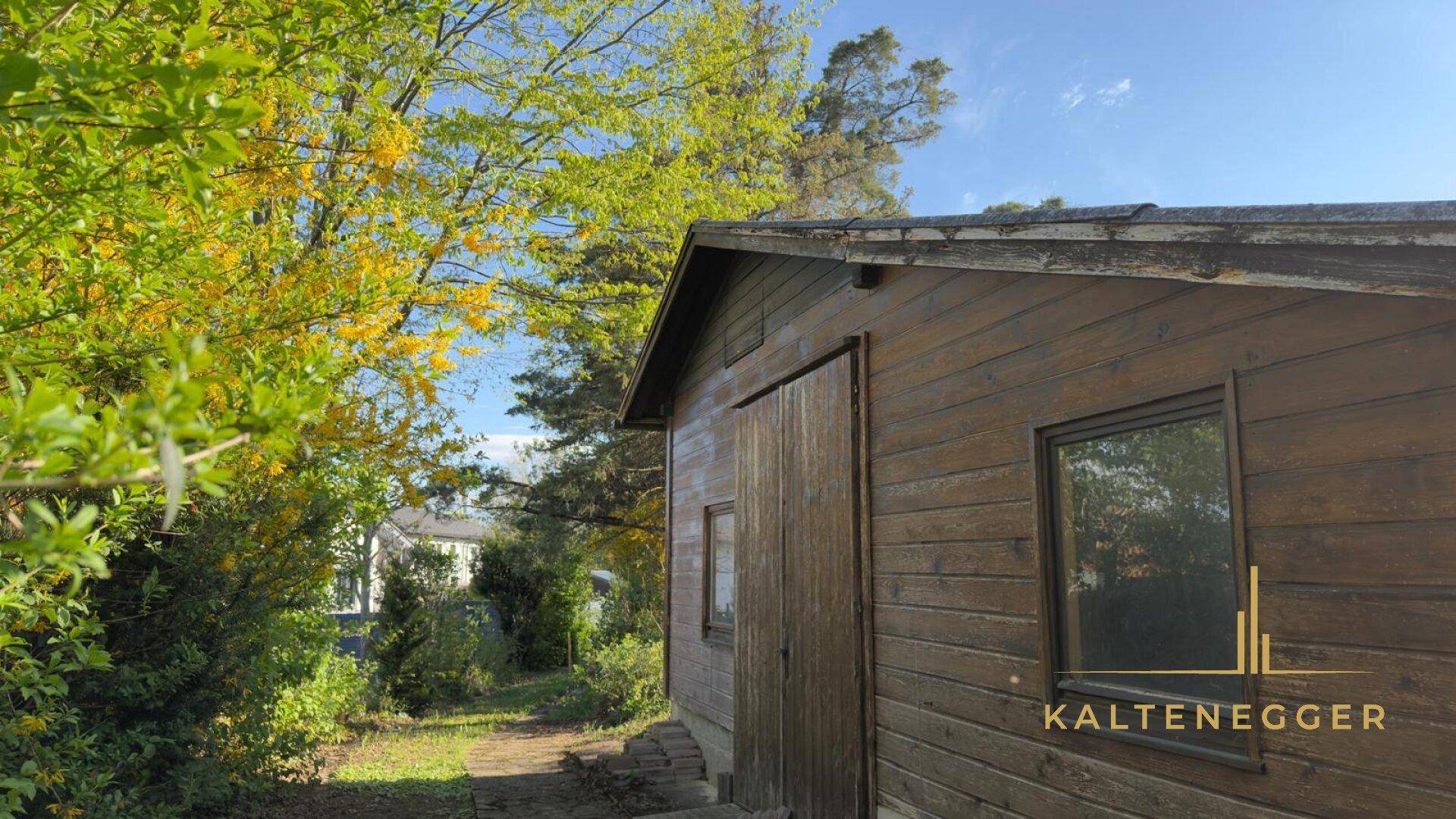 Rustikales Holzgebäude im Garten mit Fenster und umgebender Vegetation unter blauem Himmel.