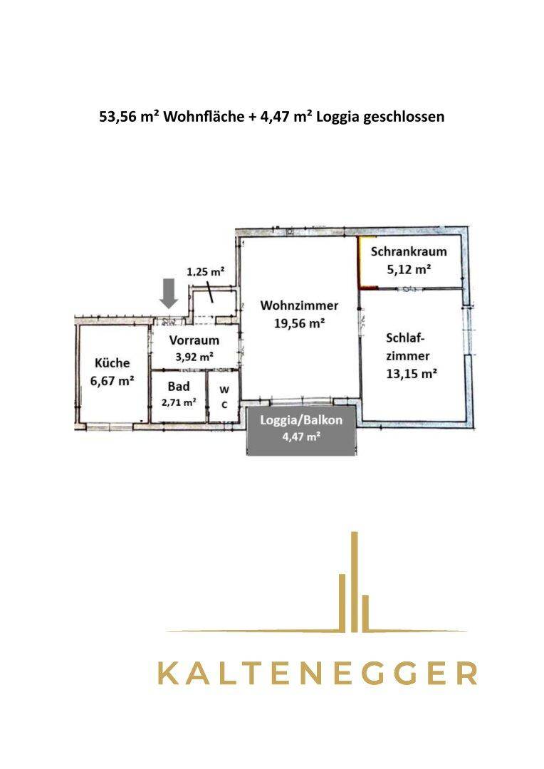 Grundriss der Wohnung mit Wohnzimmer, Schlafzimmer, Küche und Loggia.