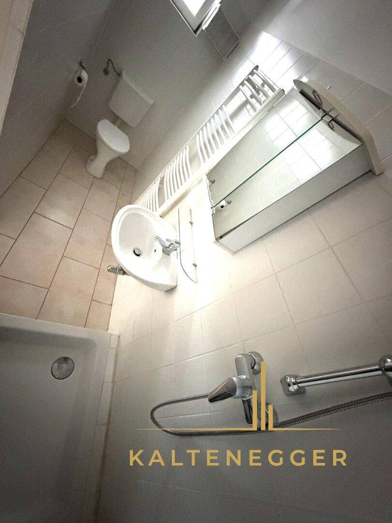 Badezimmer mit Dusche, Waschbecken, WC und beheiztem Handtuchhalter, komplett mit hellen Fliesen ausgestattet.