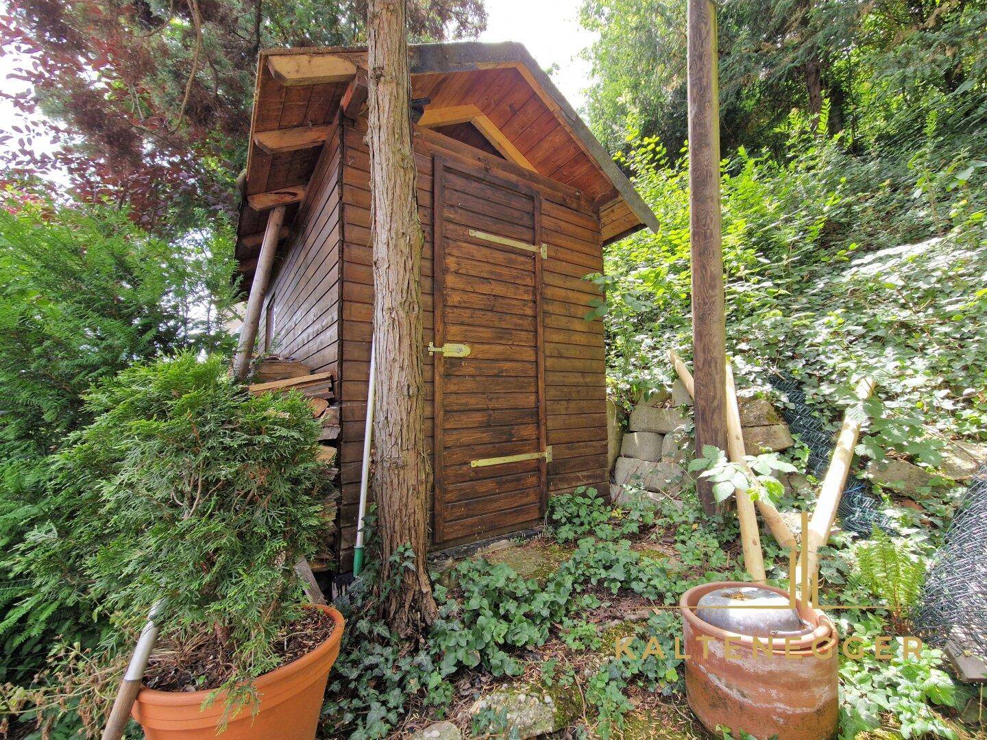 Kleiner Holzschuppen im Garten, umgeben von Bäumen und Pflanzen.