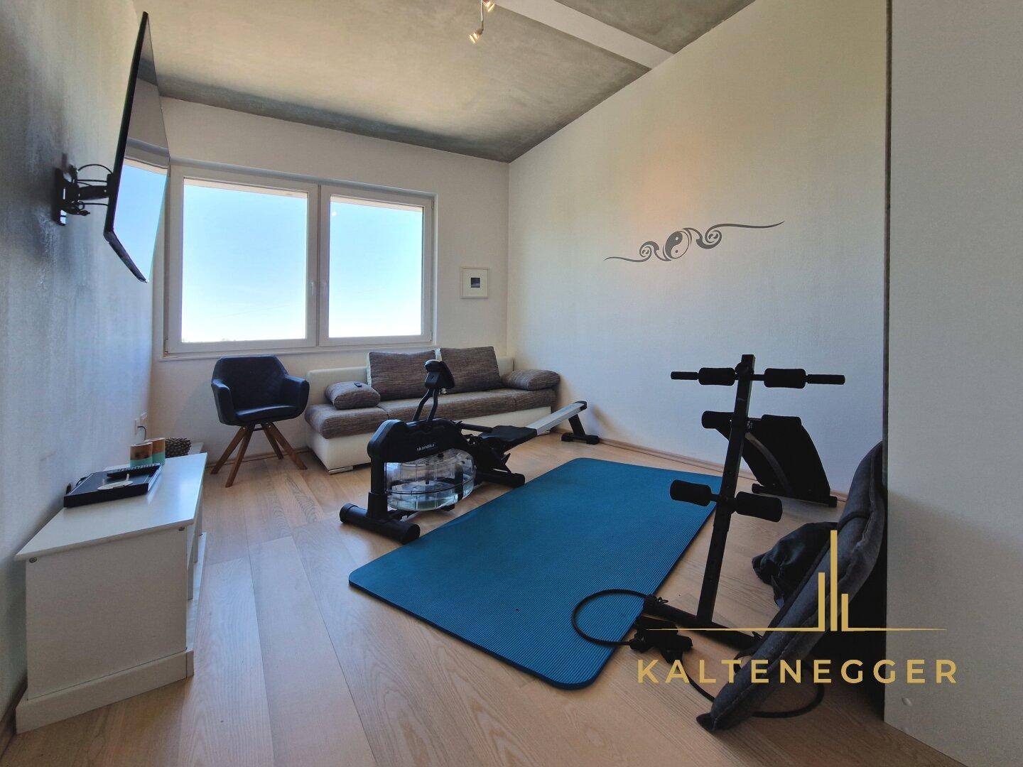 Fitnessraum mit Trainingsgeräten, Sofa und Fernseher, ideal für das Heimtraining.