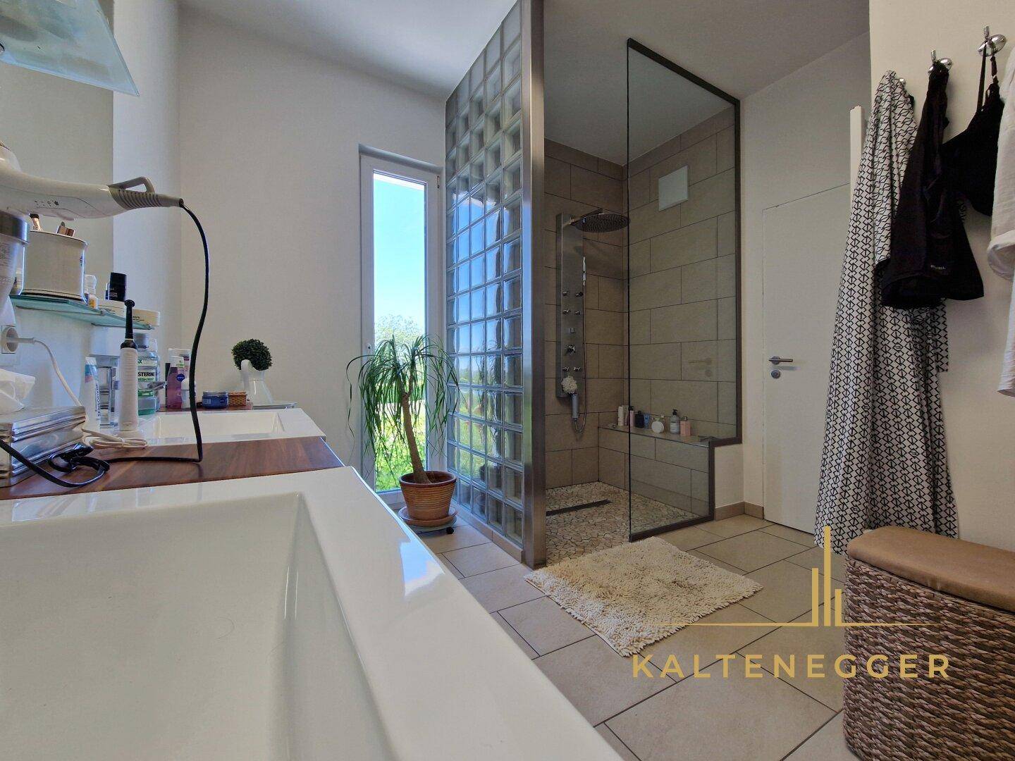 Helles Badezimmer mit begehbarer Dusche, Glasbausteinen und modernem Waschtisch.