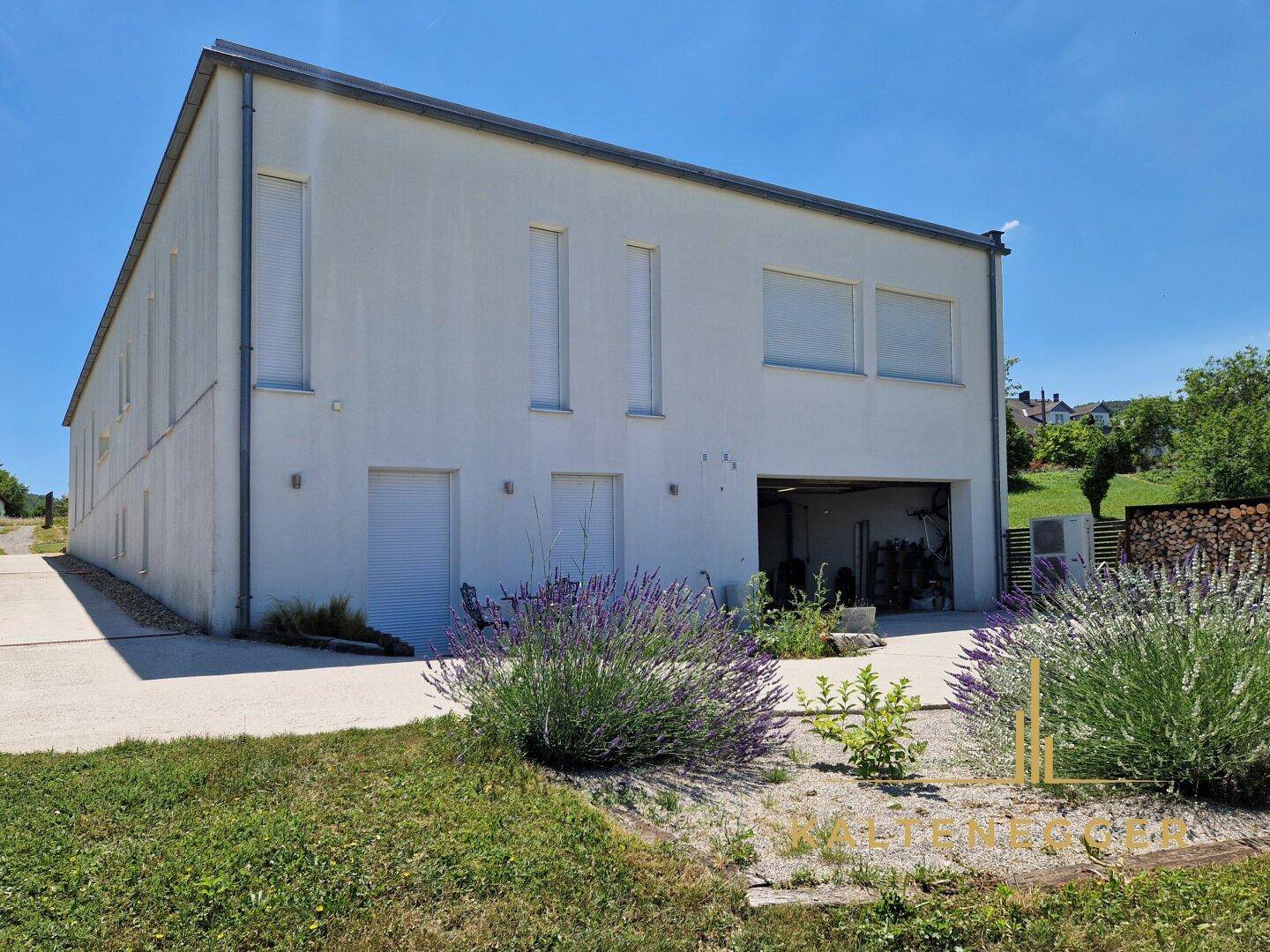 Moderne Hausfassade mit großen Fenstern und Garagenzugang, umgeben von Lavendel.