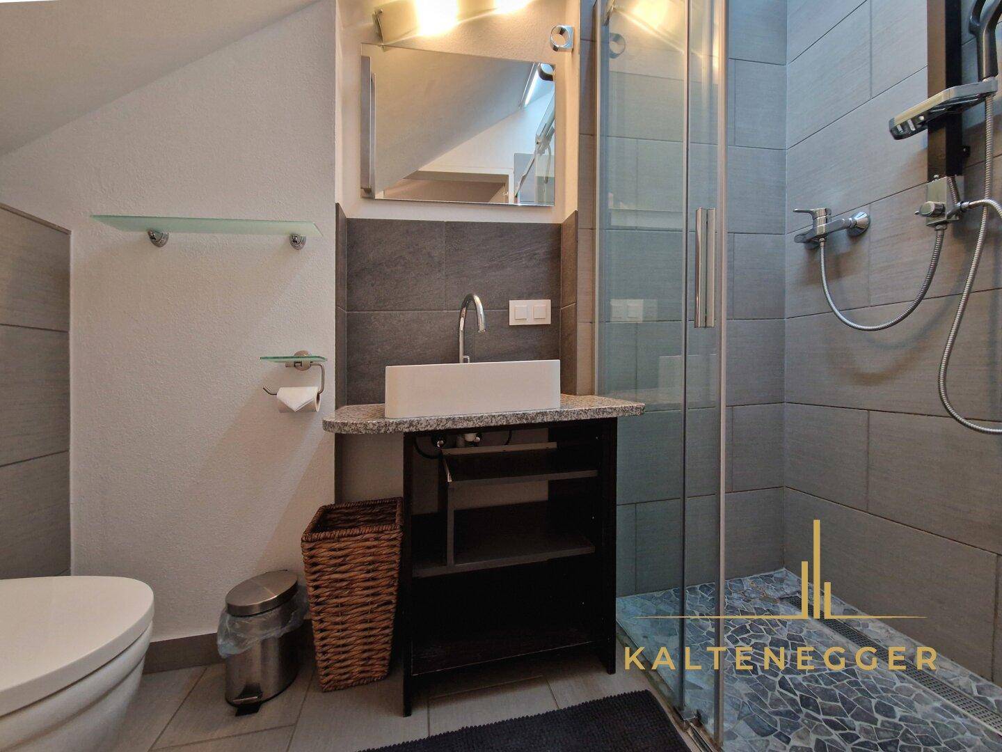 Kleines Badezimmer mit Dusche, modernem Waschtisch und Spiegel, unter der Treppe gelegen.