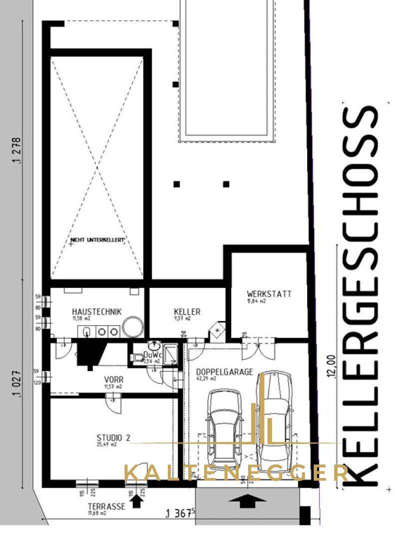 Grundriss des Kellergeschosses mit Doppelgarage, Technikraum, Keller und einem Studio mit Terrasse.
