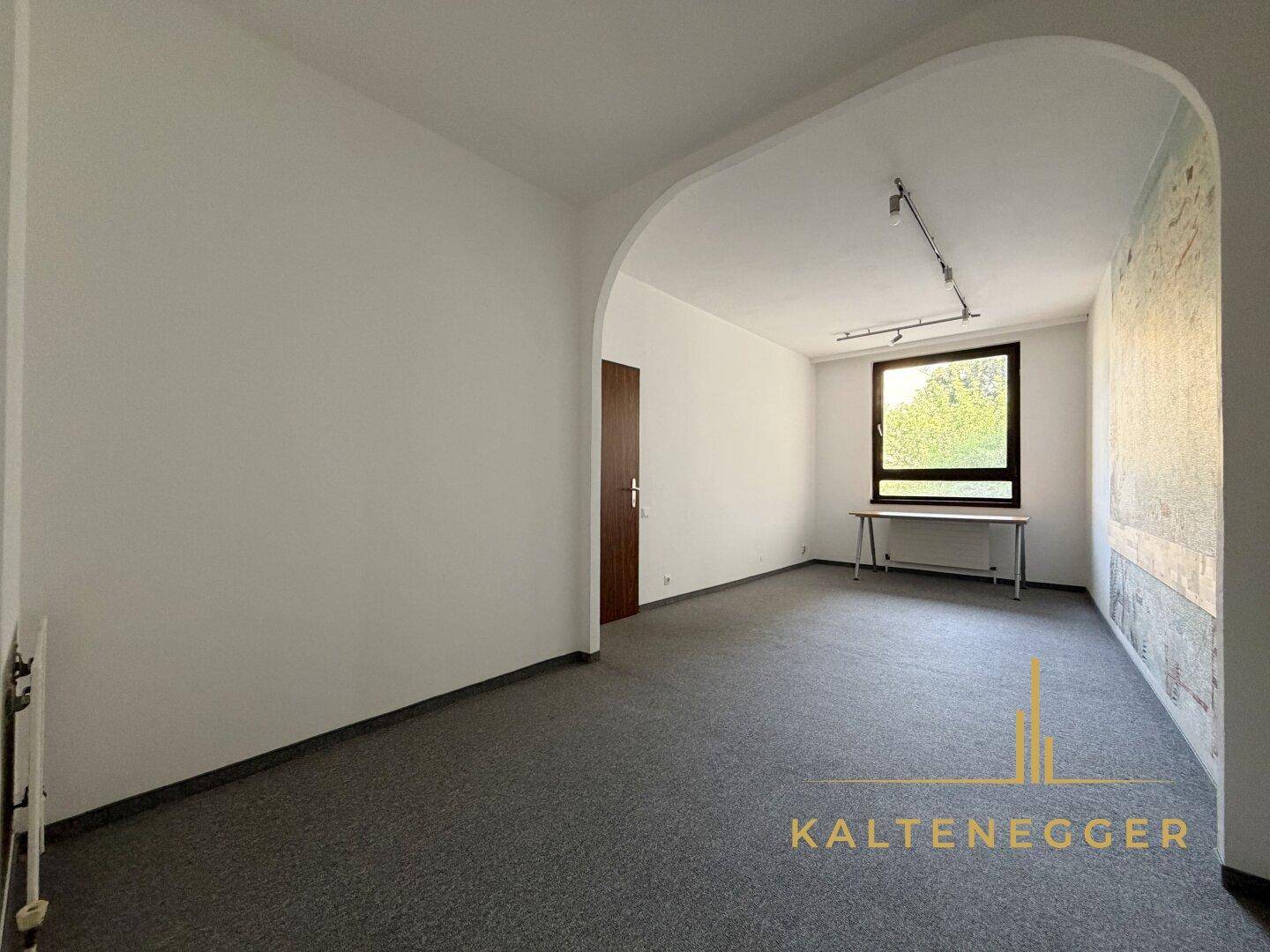 Büro mit dunklem Teppichboden, einem eleganten Torbogen und einem Fenster mit Blick ins Grüne.