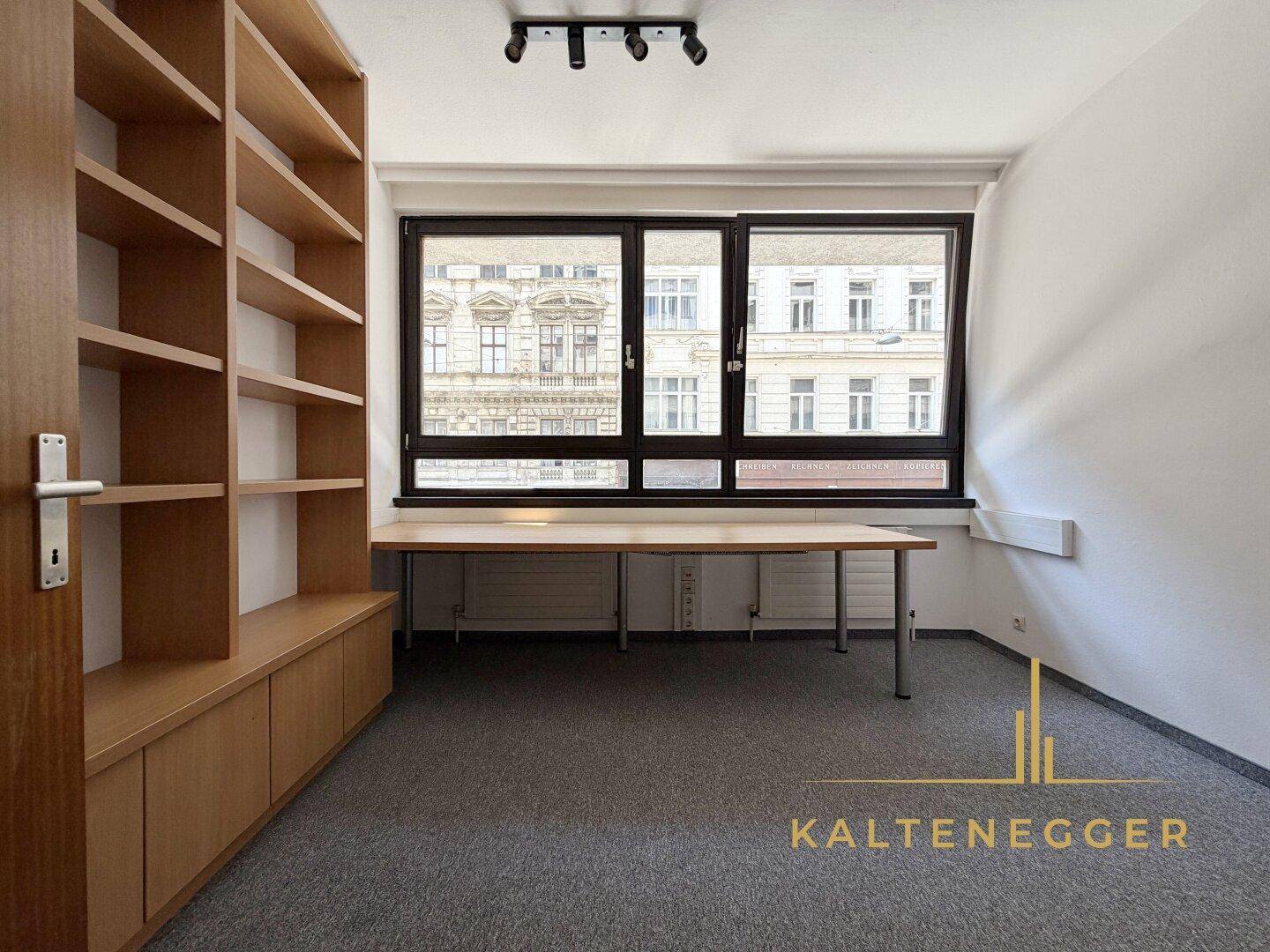 Büro mit grauem Teppichboden, großem Fenster mit Stadtblick und einem hohen Holzregal.