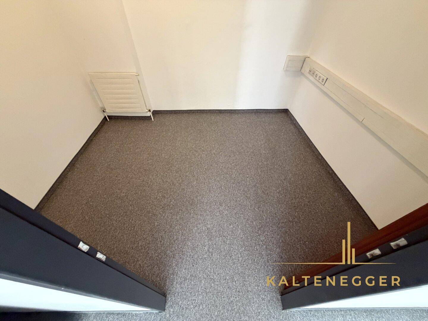 Kleiner Abstellraum oder Nische mit dunklem Teppichboden und Heizkörper.