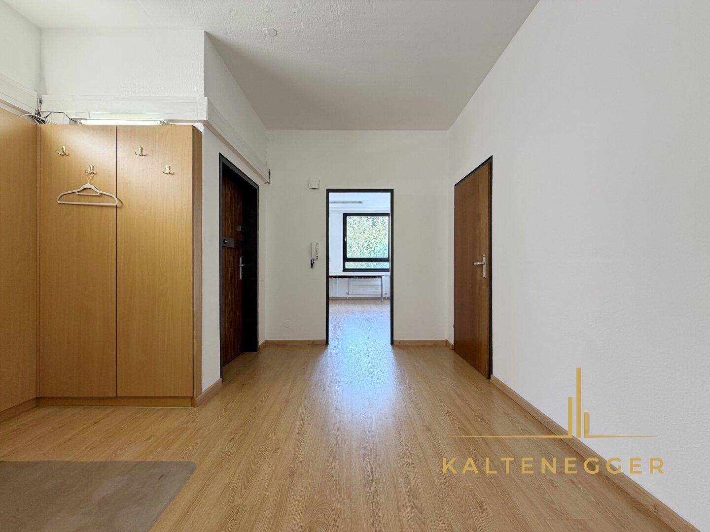 Eingangsbereich mit Laminatboden, Holzschränken und Garderobe, der in einen weiteren Raum führt.