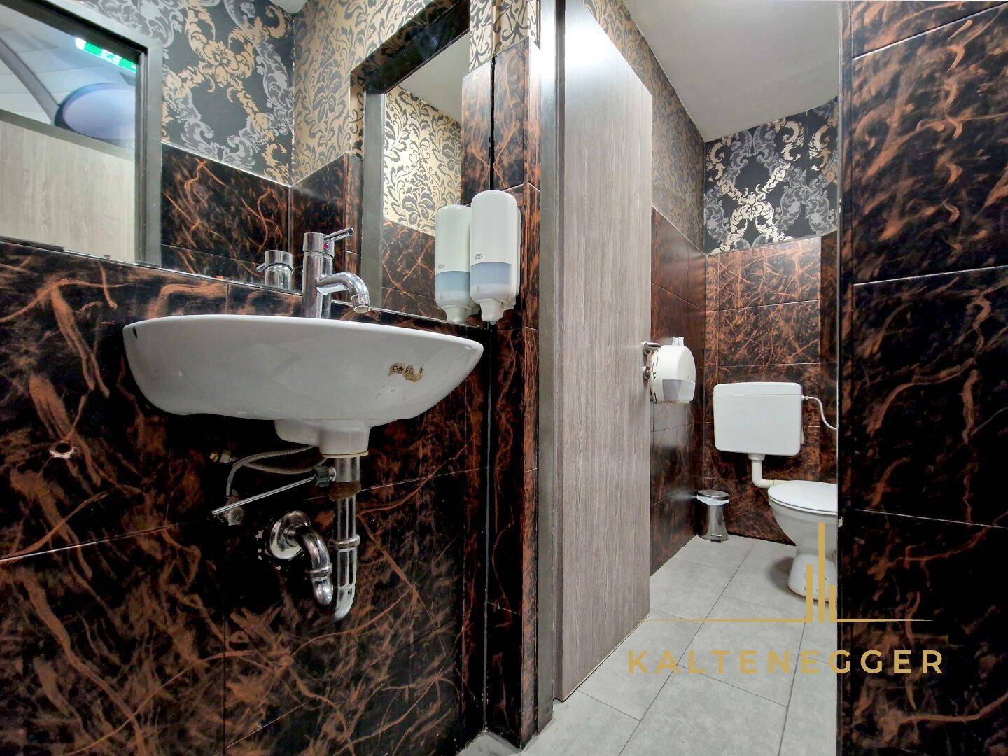 Modernes Badezimmer mit Waschbecken, Toilette und dunklen Marmorfliesen, gut beleuchtet.