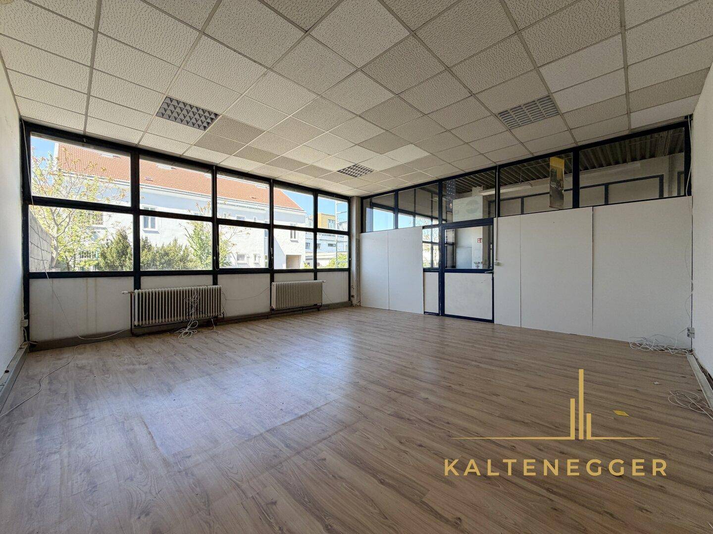 Büroraum mit großen Fenstern, Laminatboden und abgehängter Decke, bietet viel Tageslicht.