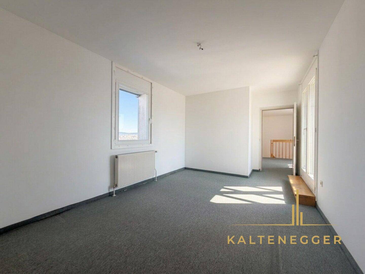 Geräumiger Raum mit Teppichboden, Fenster und viel natürlichem Licht.