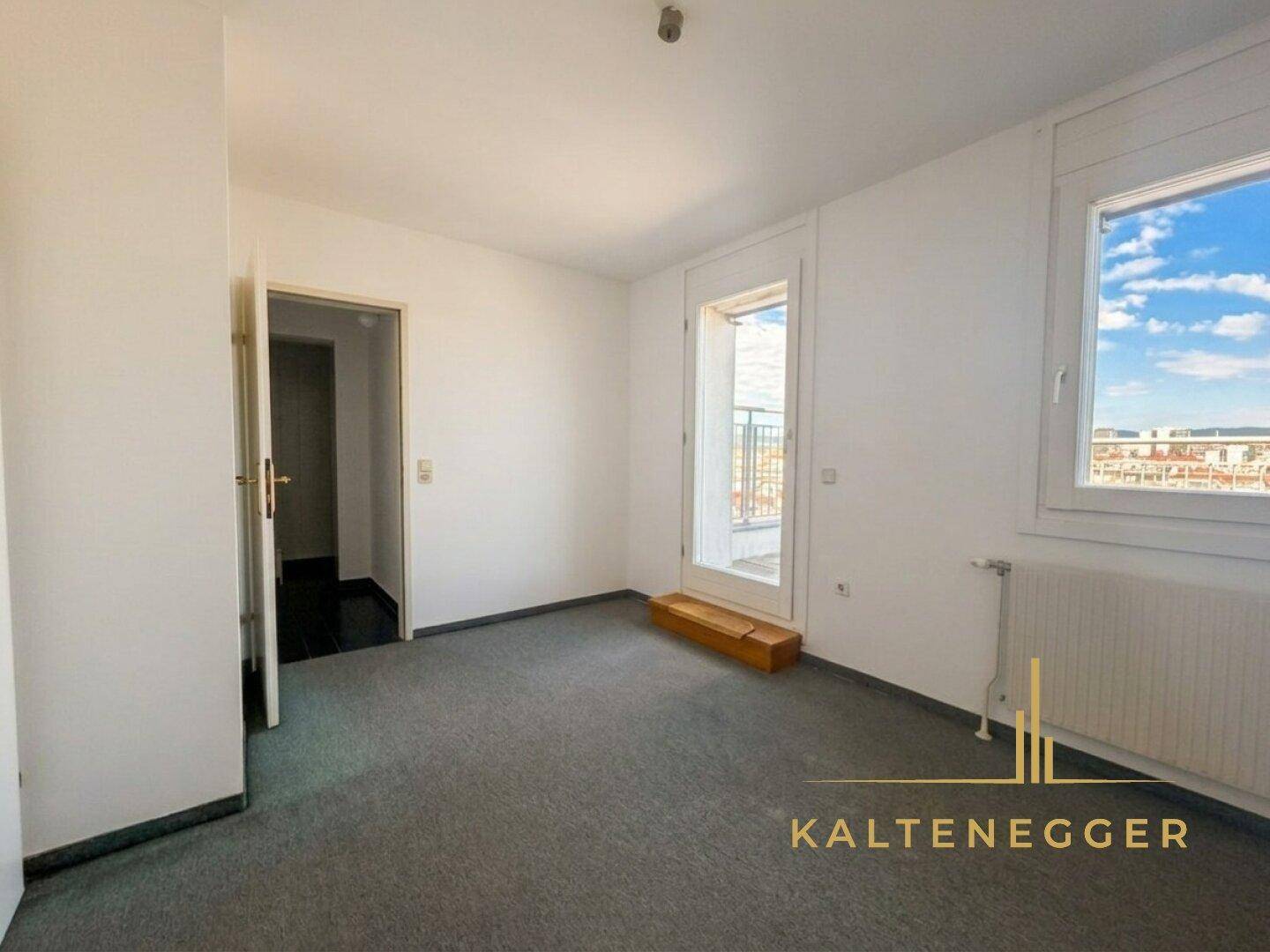 Helles Zimmer mit Teppichboden, Fenster und Zugang zu einem französischen Balkon.