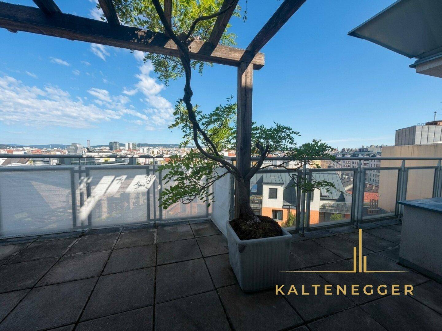 Dachterrasse mit Fliesenboden, Pergola und einem Topfbaum mit Stadtblick.