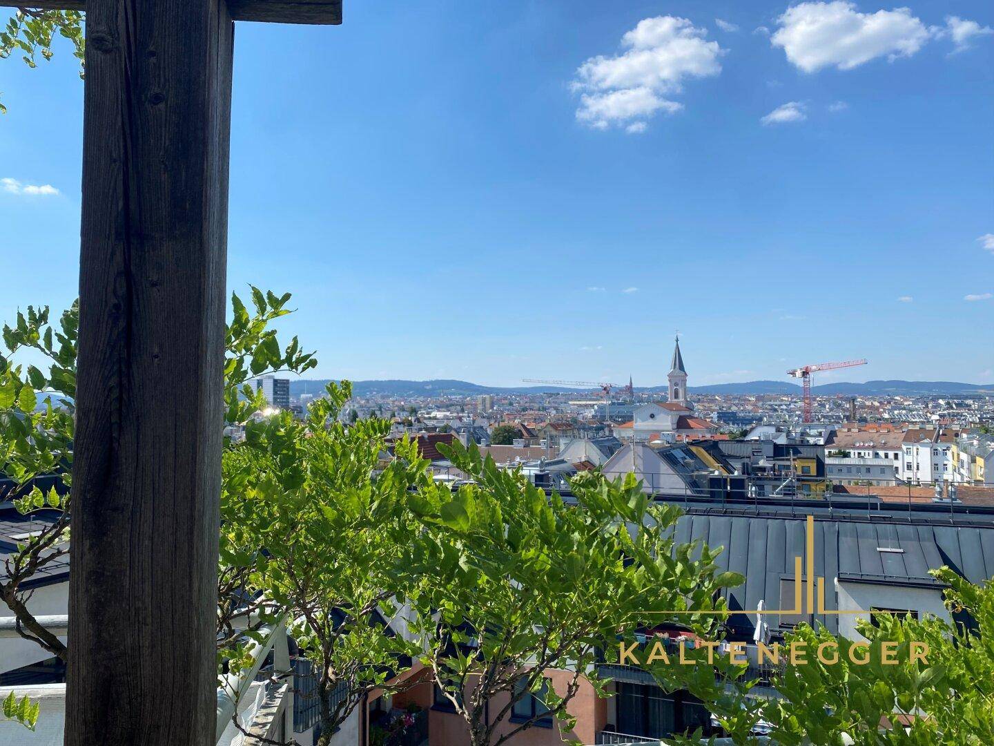 Panoramablick über die Stadt mit grünen Bäumen im Vordergrund unter blauem Himmel.