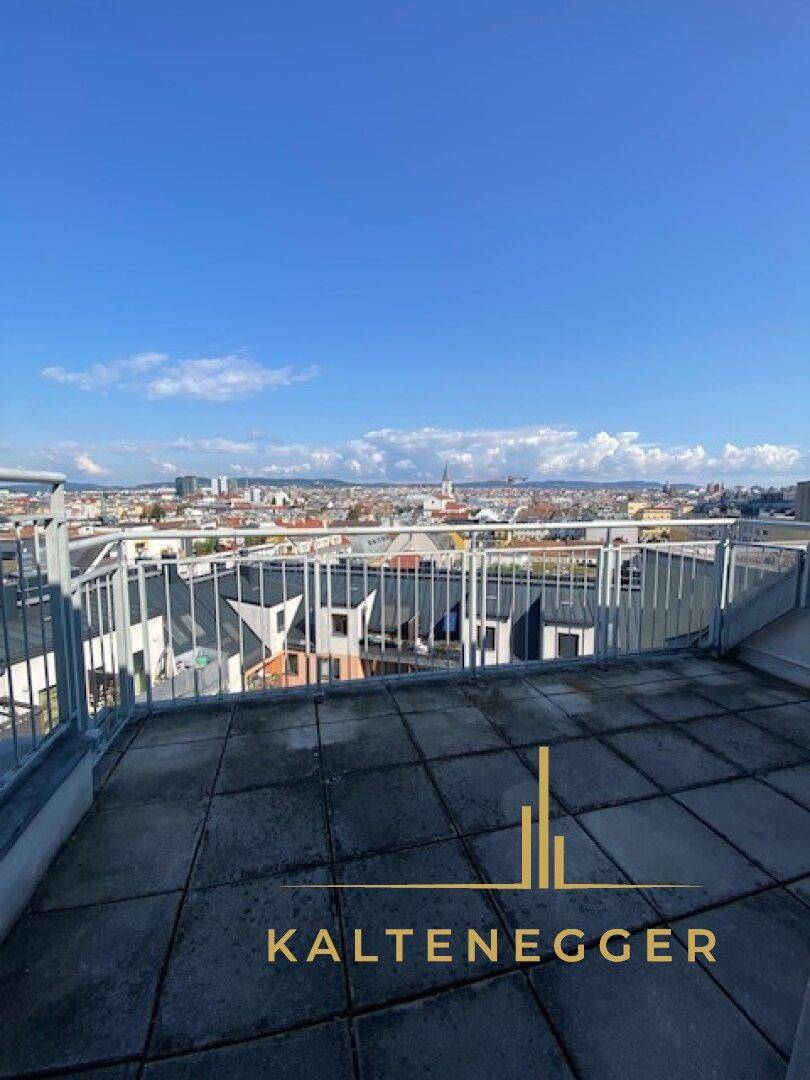 Weitläufige Dachterrasse mit Fliesenboden und Panoramablick über die Stadt unter blauem Himmel.