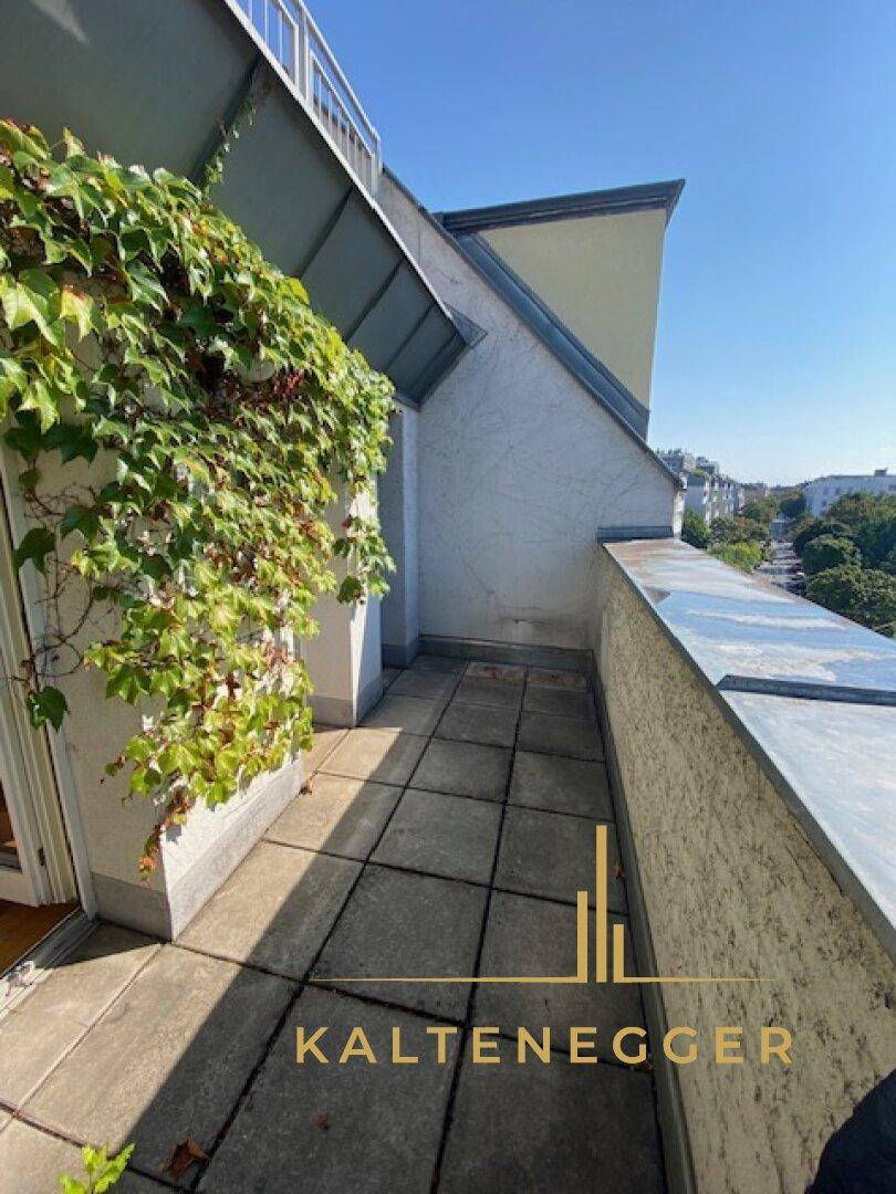 Schmaler Balkon mit Fliesenboden und begrüntem Mauerwerk, bietet einen Blick auf die Stadt.