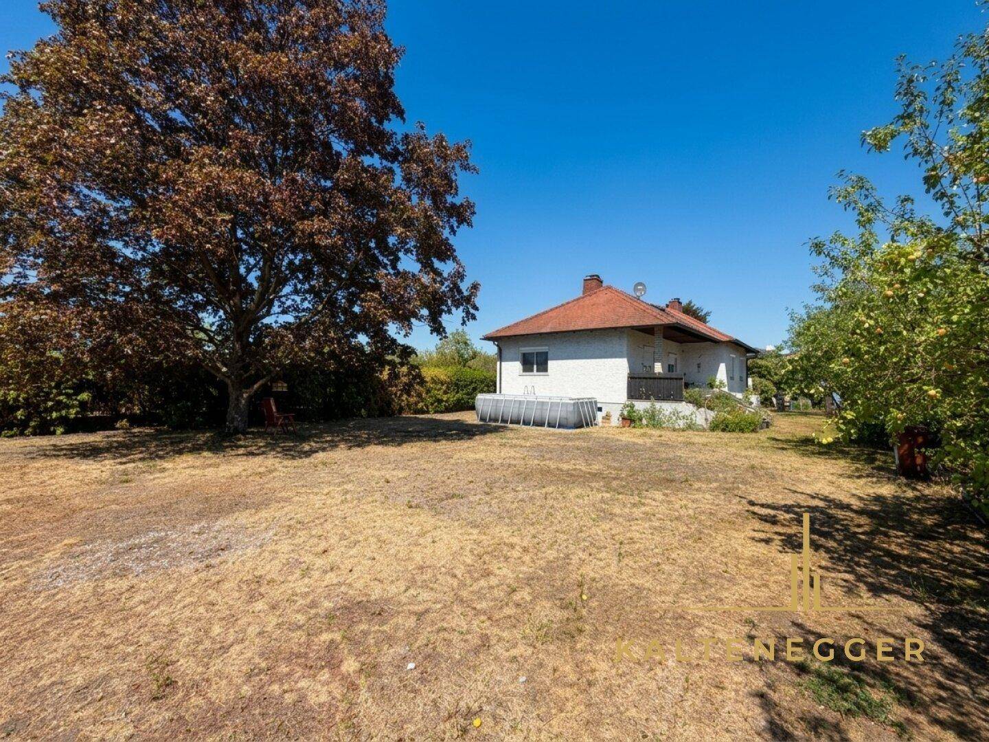 Einfamilienhaus mit rotem Ziegeldach, großem Baum und einem Aufstellpool im Garten.
