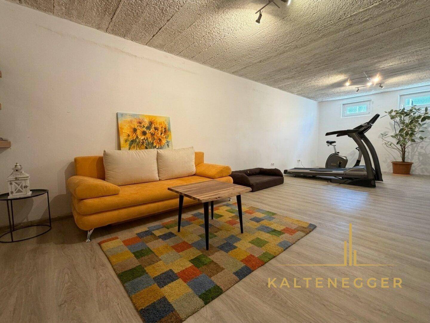 Ausgebauter Kellerraum als Fitness- und Freizeitbereich mit Sofa und Laufband.