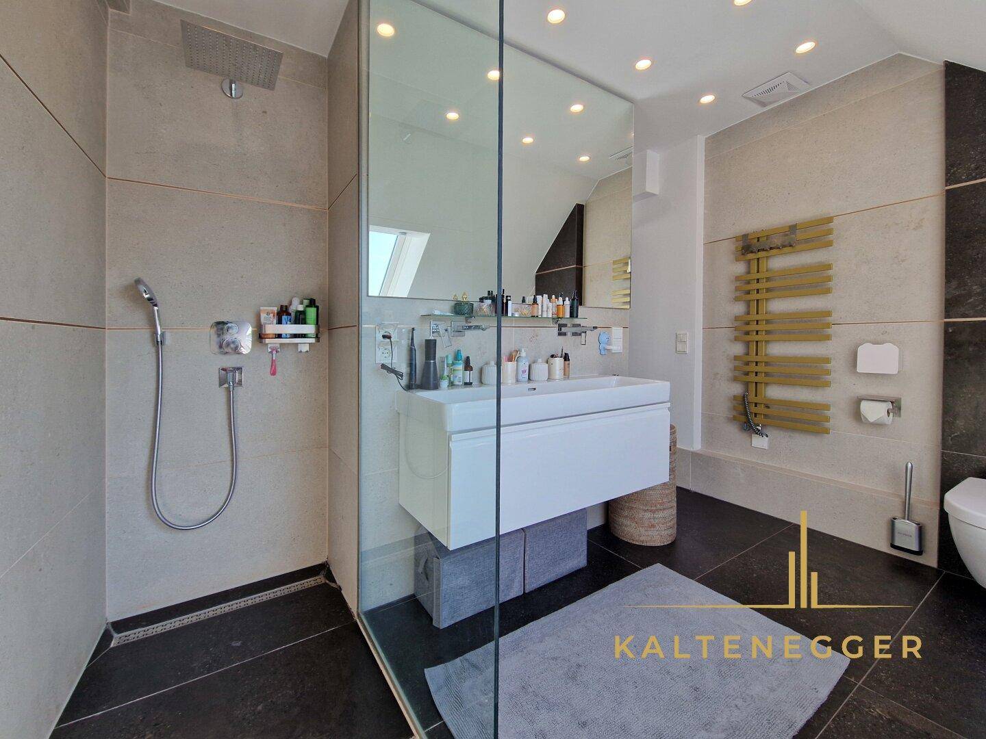 Modernes Badezimmer mit begehbarer Dusche, großformatigen Fliesen und elegantem Waschtisch.
