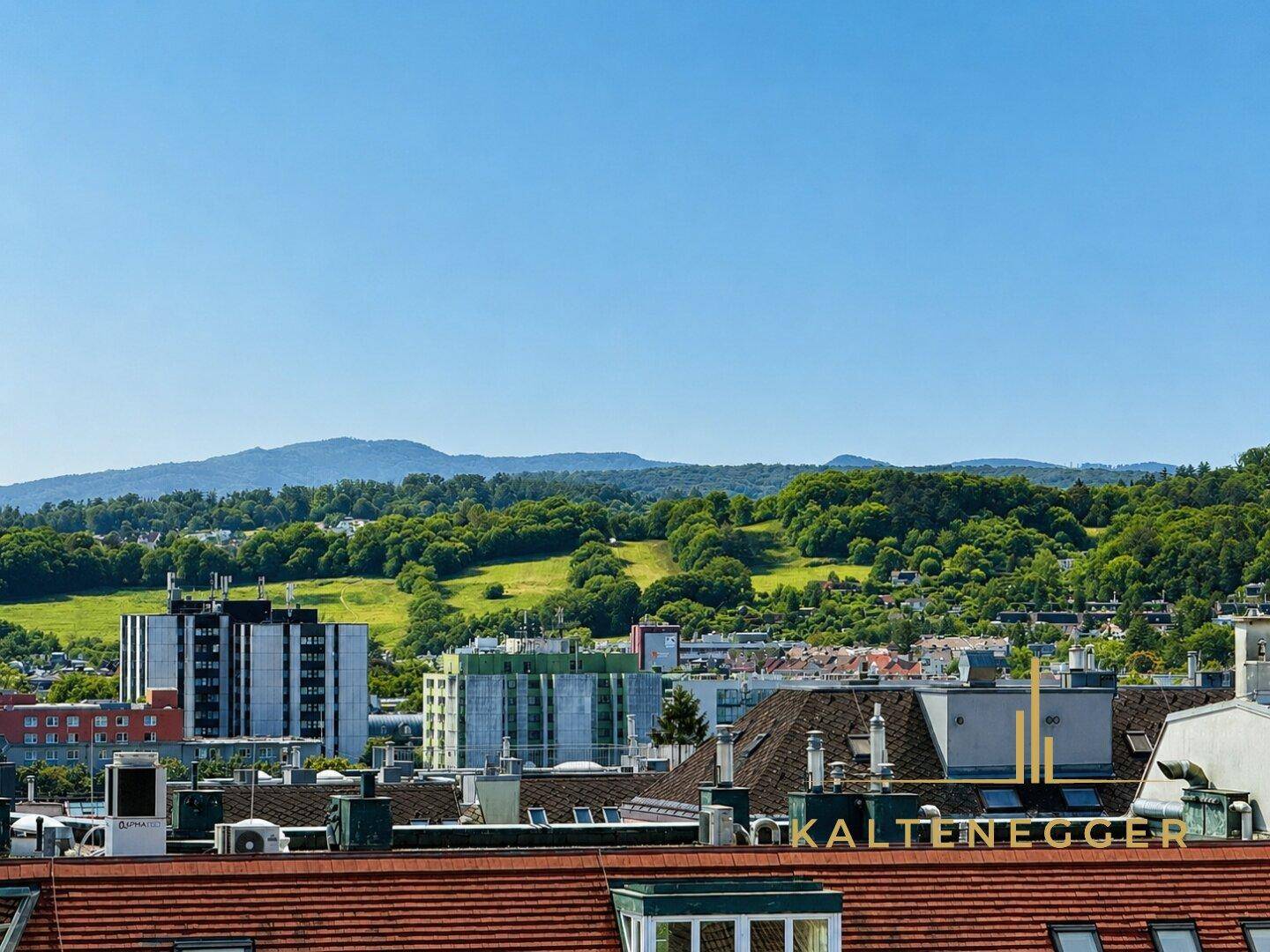 Panoramablick über die Stadt mit grünen Hügeln und Bergen im Hintergrund.
