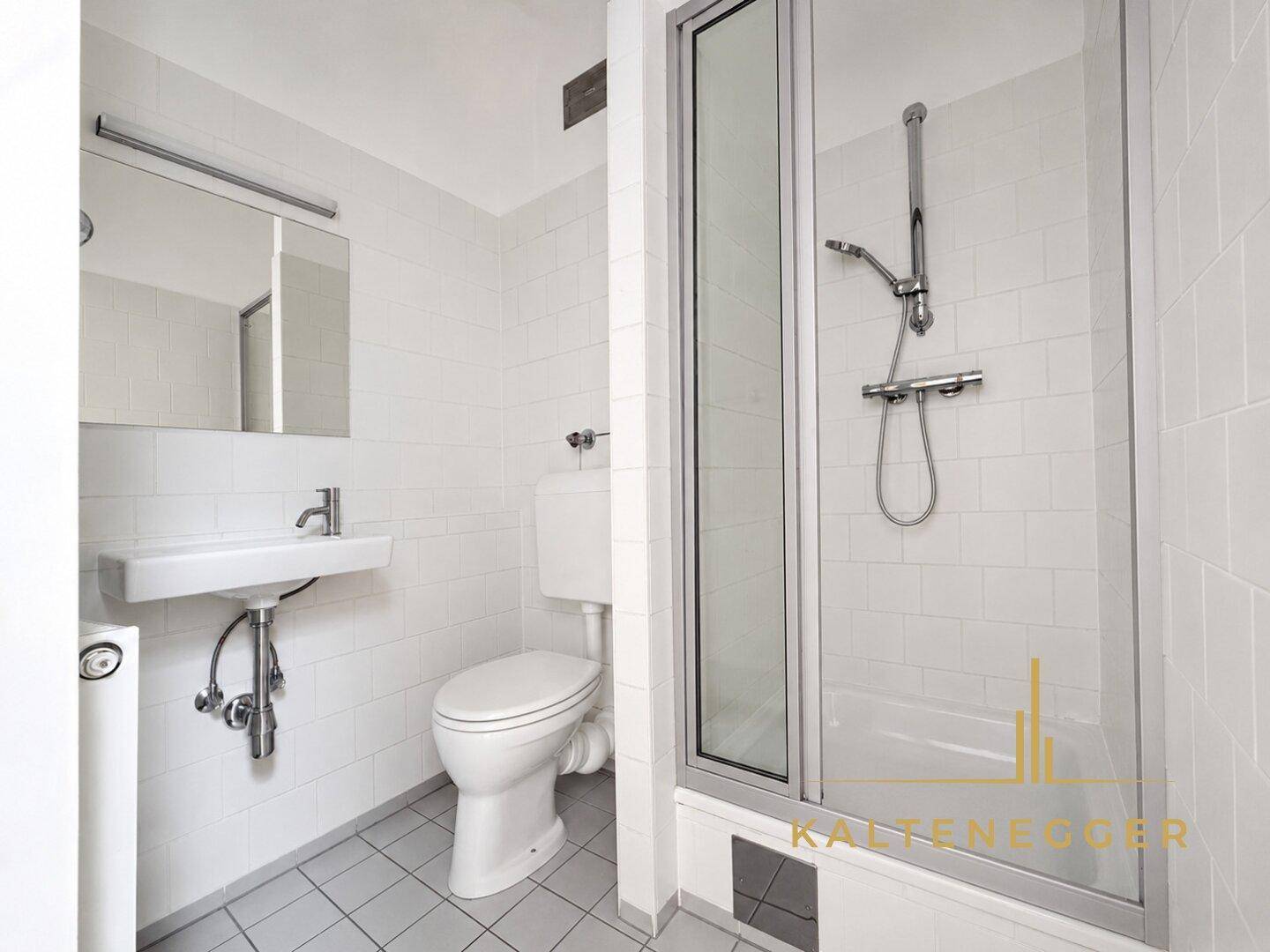 Modernes Badezimmer mit Duschkabine, Waschbecken und Wand-WC.