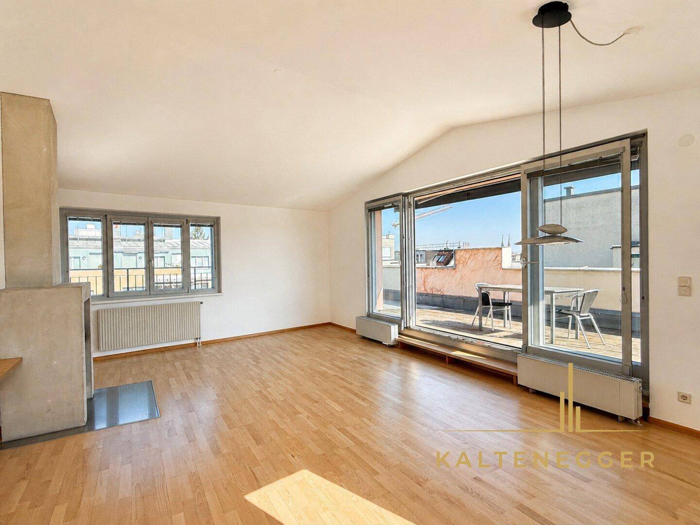 Helles Wohnzimmer mit Parkettboden, Kamin und Zugang zur großen Dachterrasse.