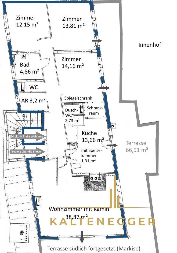 Detaillierter Grundriss der Wohnung mit Zimmergrößen und Terrassenflächen.