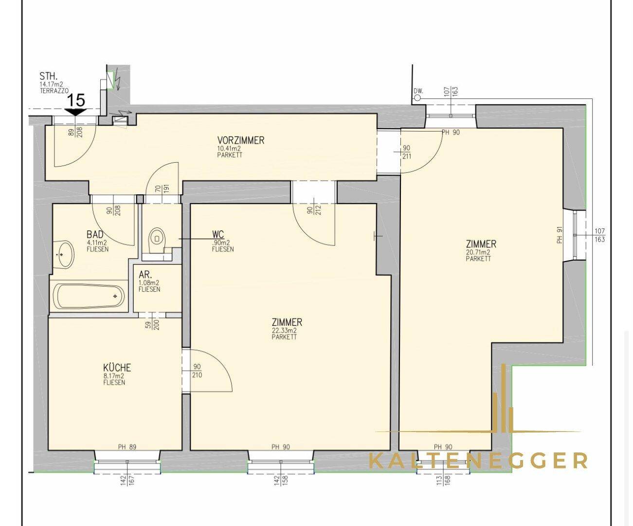 Detaillierter Grundriss der Wohnung mit Zimmern, Bad, WC und Terrasse.
