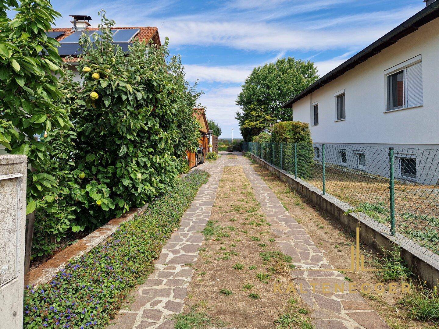 Zufahrt von der Straße zum Haus, in der hinteren Reihe