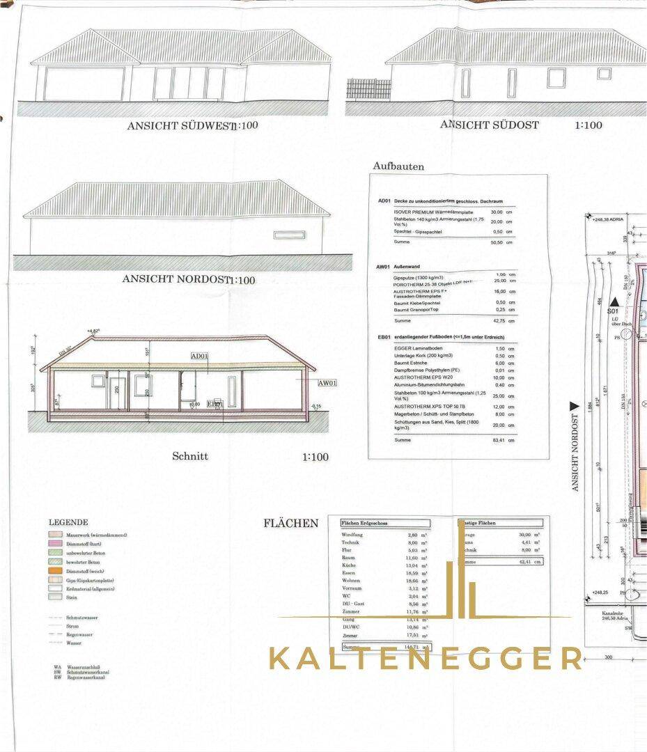 Architektonische Ansichten und Schnittzeichnungen des Gebäudes mit Details zu Aufbauten.