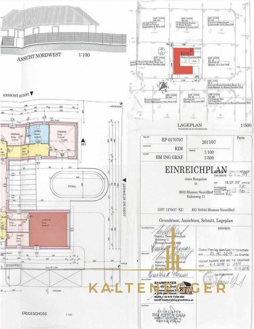Kombinierter Grundriss und Lageplan mit Bauantragsdetails und Grundstücksinformationen.