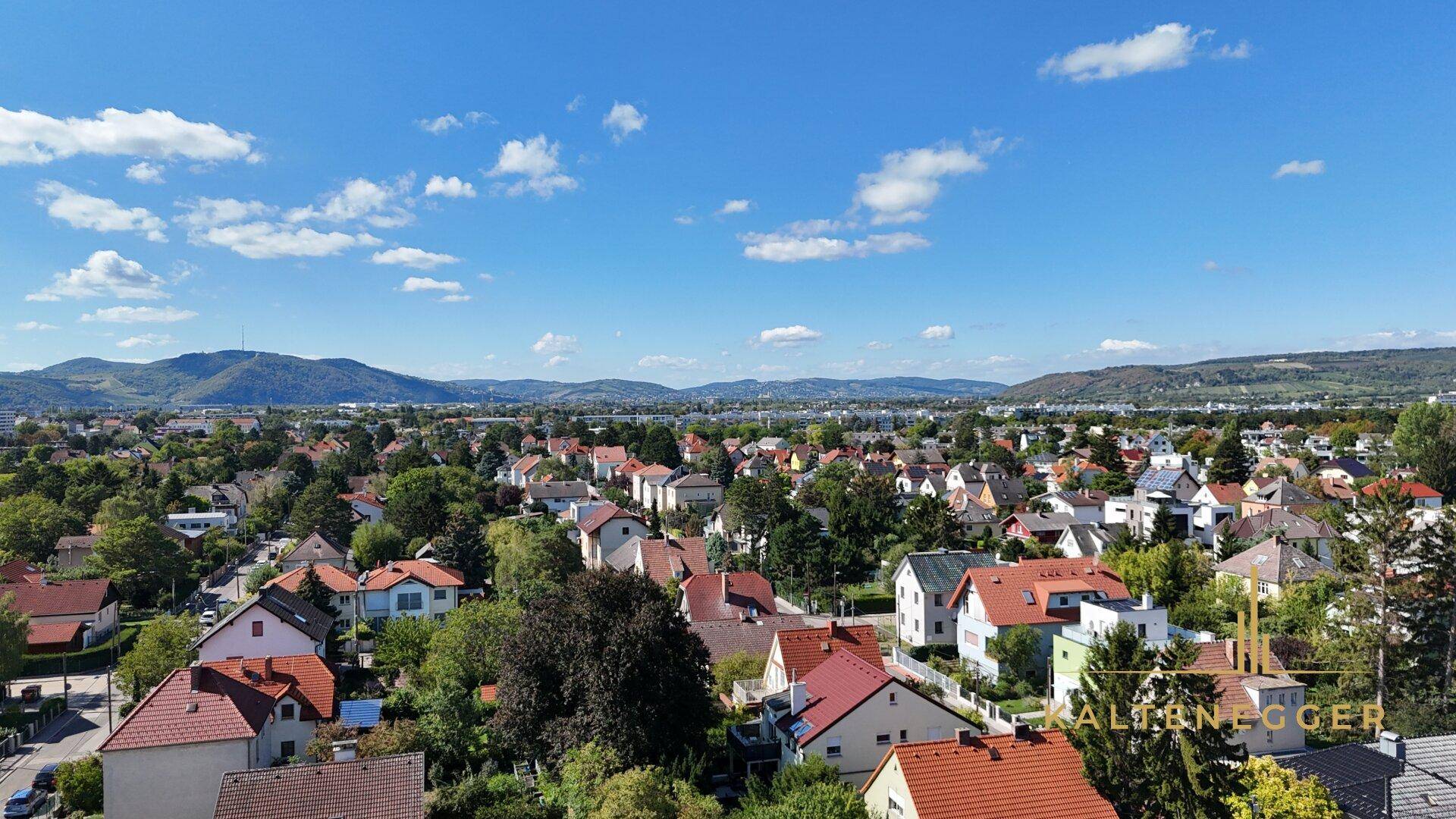 Weitläufige Wohnsiedlung mit vielen Häusern und Bergblick unter blauem Himmel.