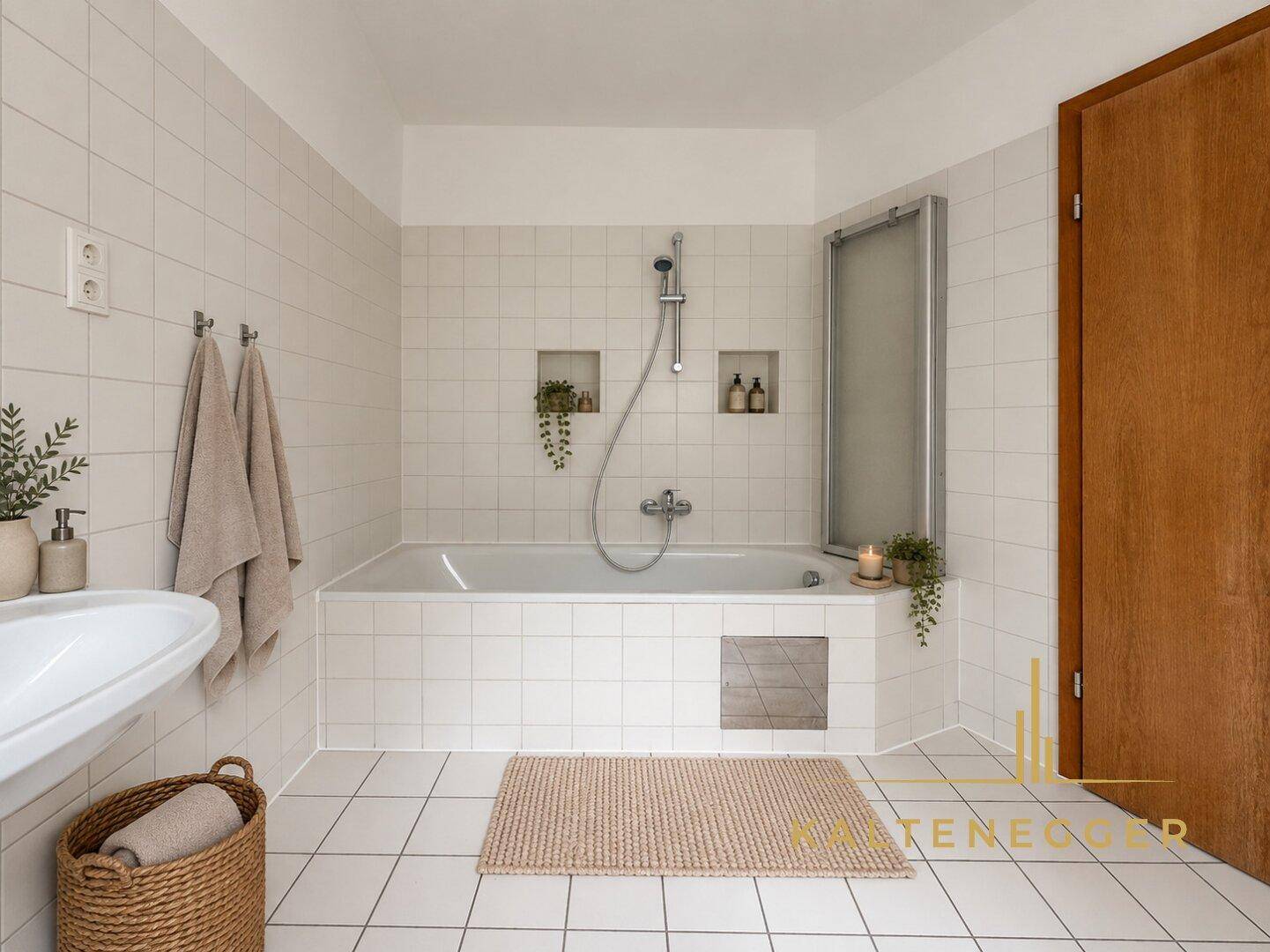 Badezimmer mit Badewanne, Dusche, Waschbecken und weißen Fliesen.