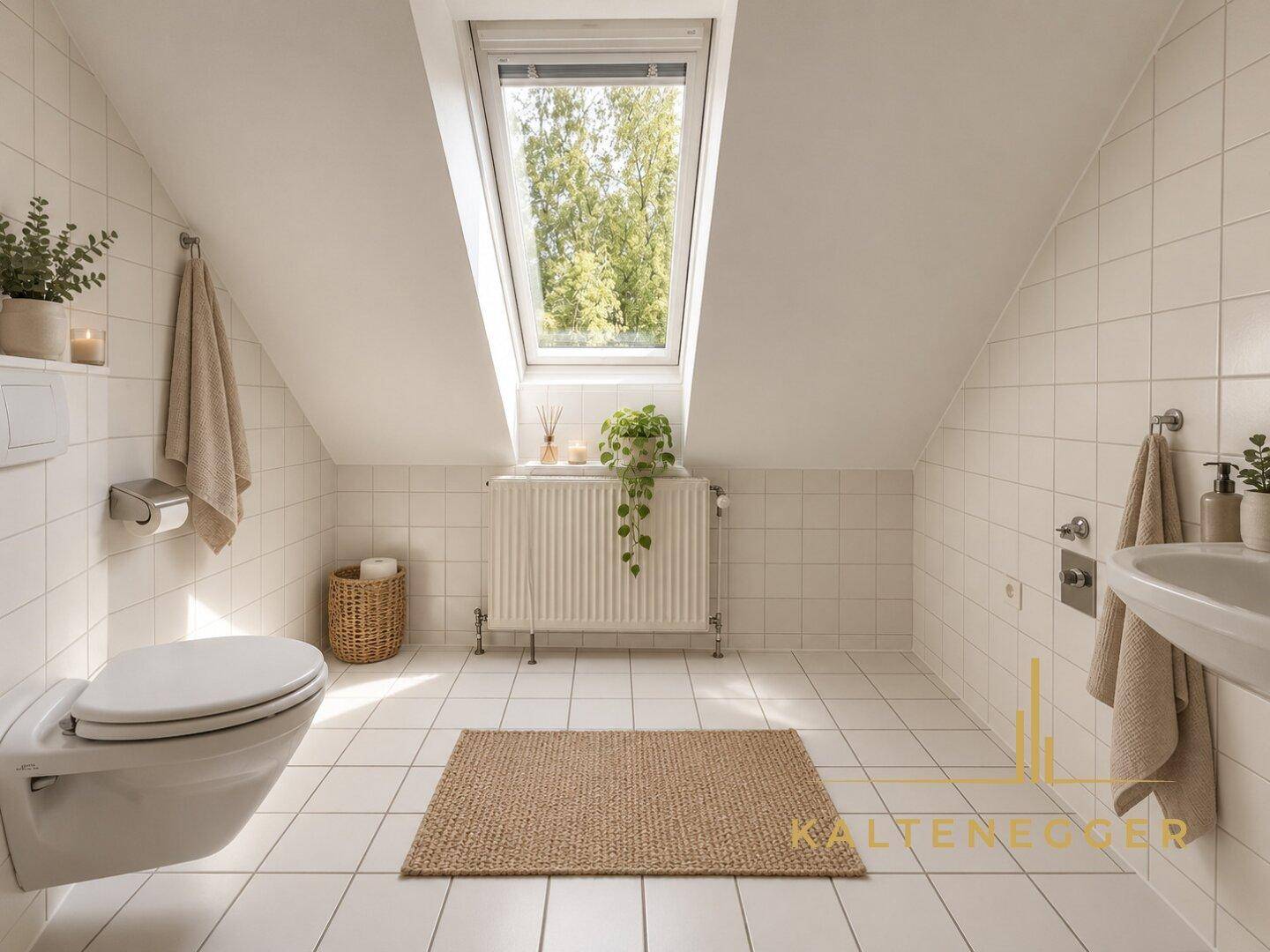 Helles Badezimmer im Dachgeschoss mit WC, Waschbecken und großem Dachfenster.