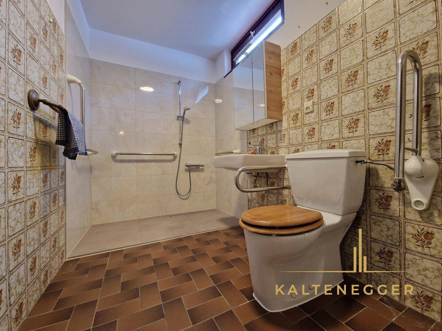 Badezimmer mit barrierefreier Dusche, Haltegriffen, Toilette und gemusterten Fliesen.