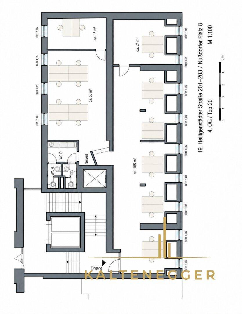 Grundriss des 4. Obergeschosses mit mehreren Büroräumen und Sanitäranlagen.