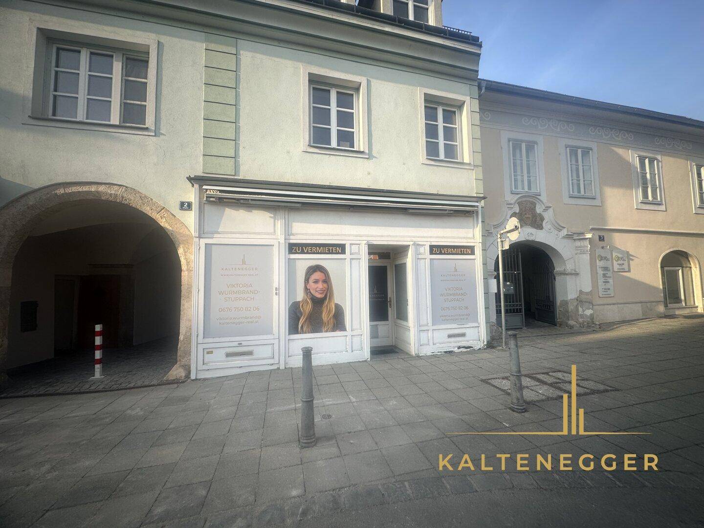 Außenansicht eines Geschäftsgebäudes mit "Zu Vermieten"-Schildern und einem Torbogen daneben.