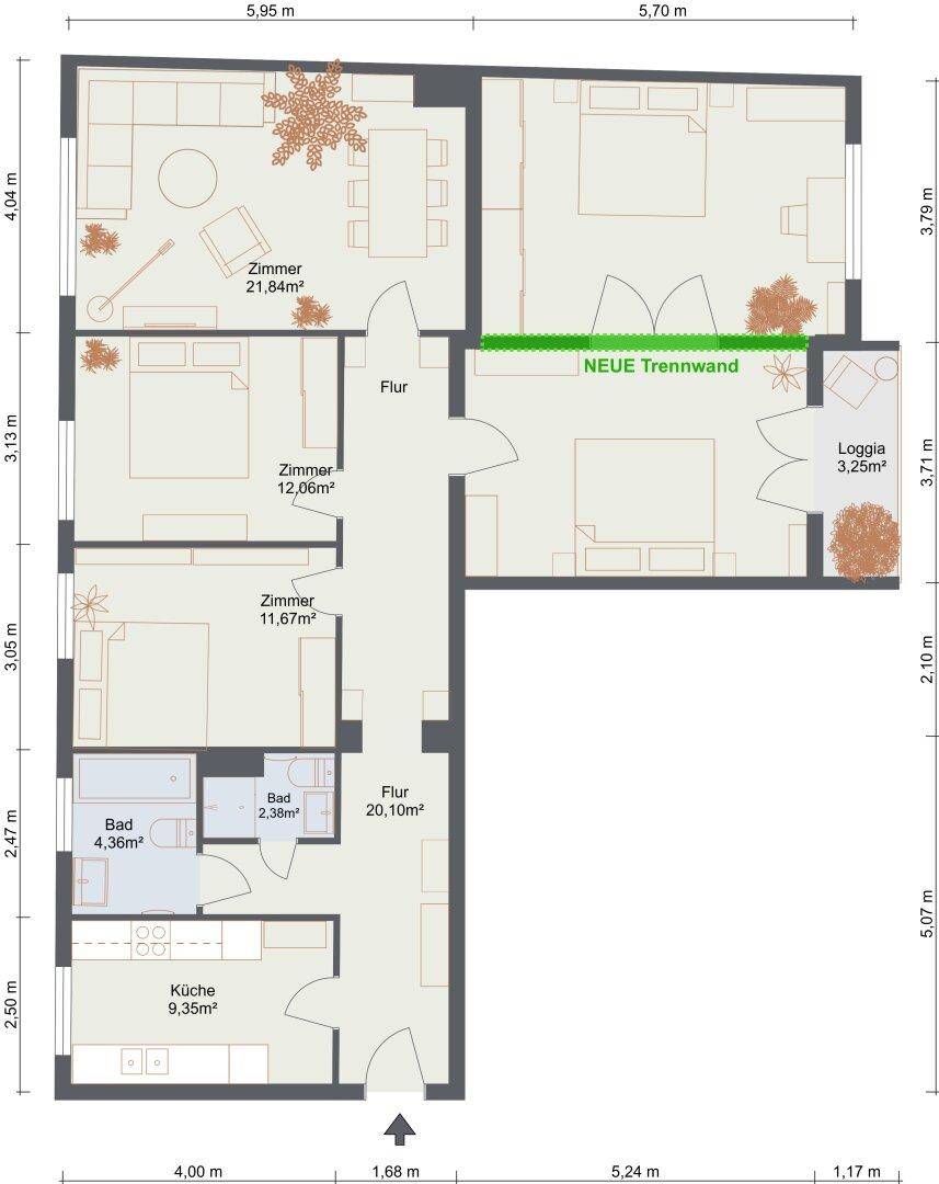 Detaillierter Grundriss der Wohnung mit Raummaßen und Loggia.
