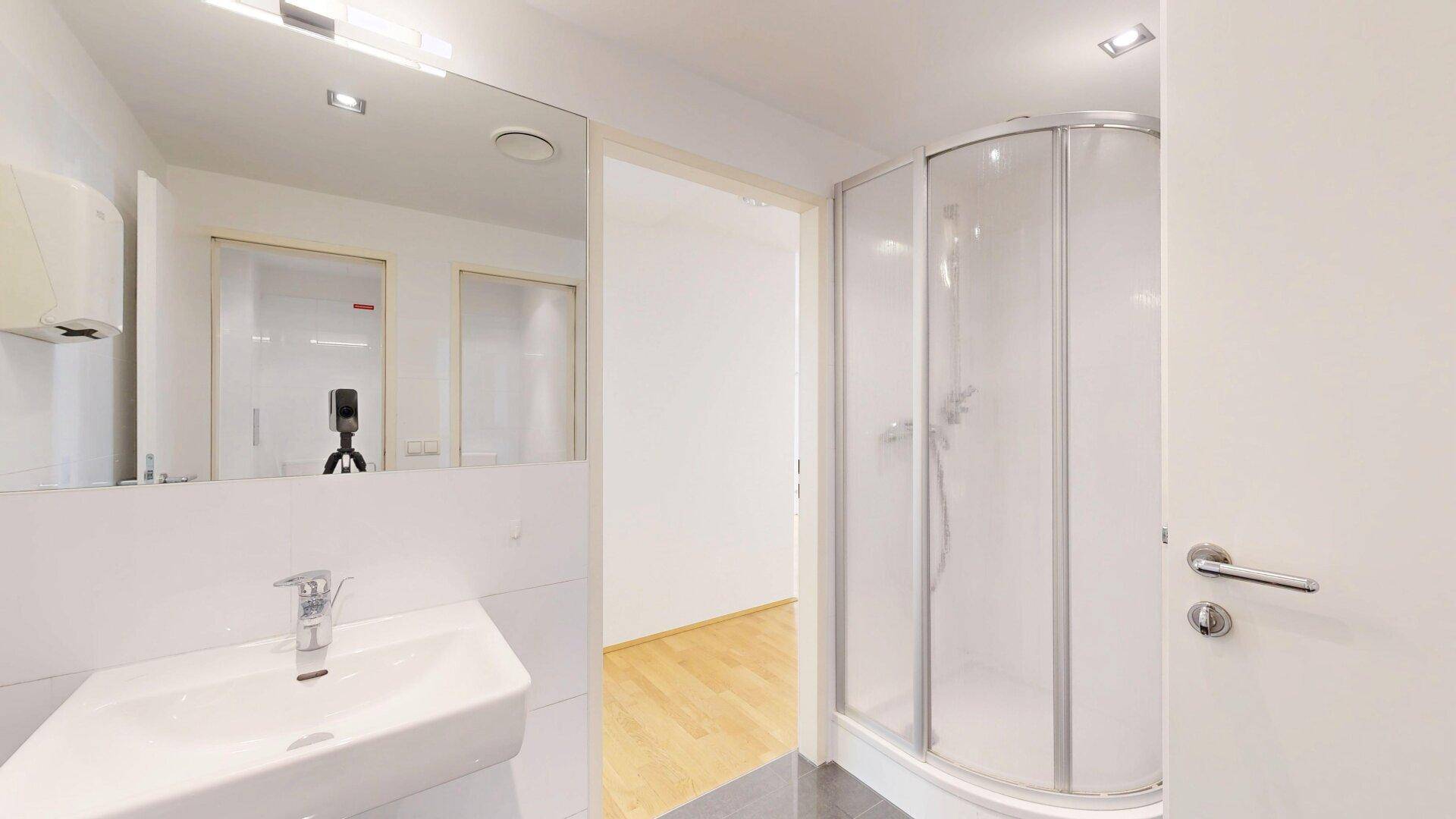 Modernes Badezimmer mit Waschbecken, großem Spiegel und einer Duschkabine mit Glaswänden.