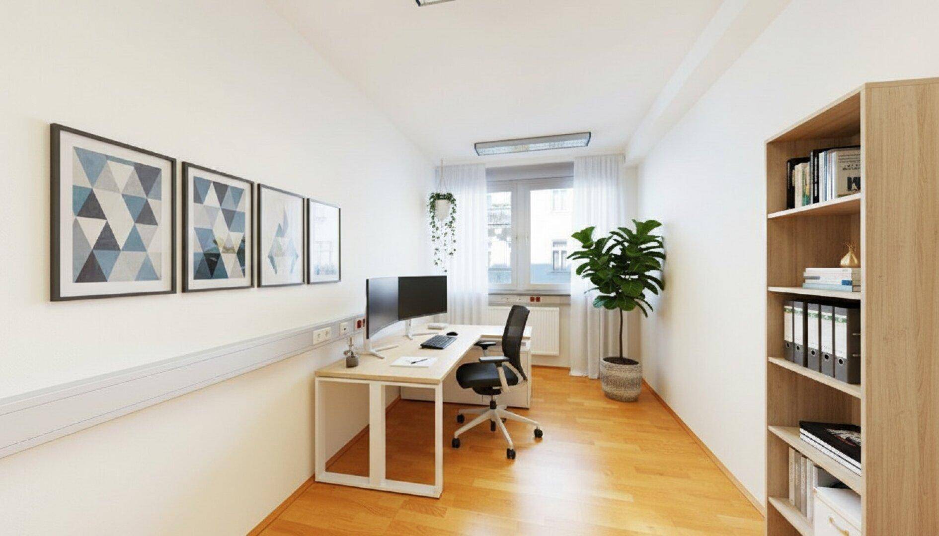 Kleines, gemütliches Büro mit Schreibtisch, Bücherregal und Pflanzen, ideal für konzentriertes Arbeiten.