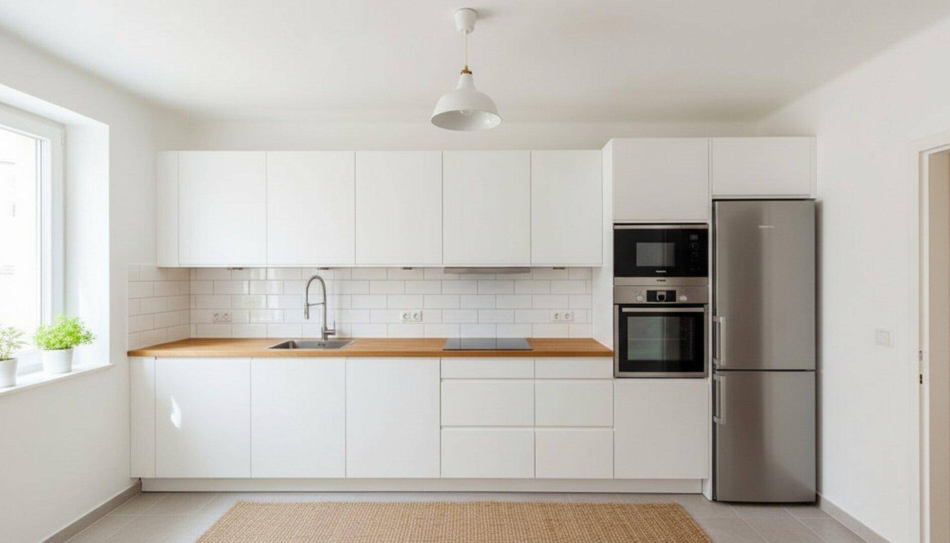 Moderne Einbauküche mit weißen Fronten, Holz-Arbeitsplatte und integrierten Geräten.