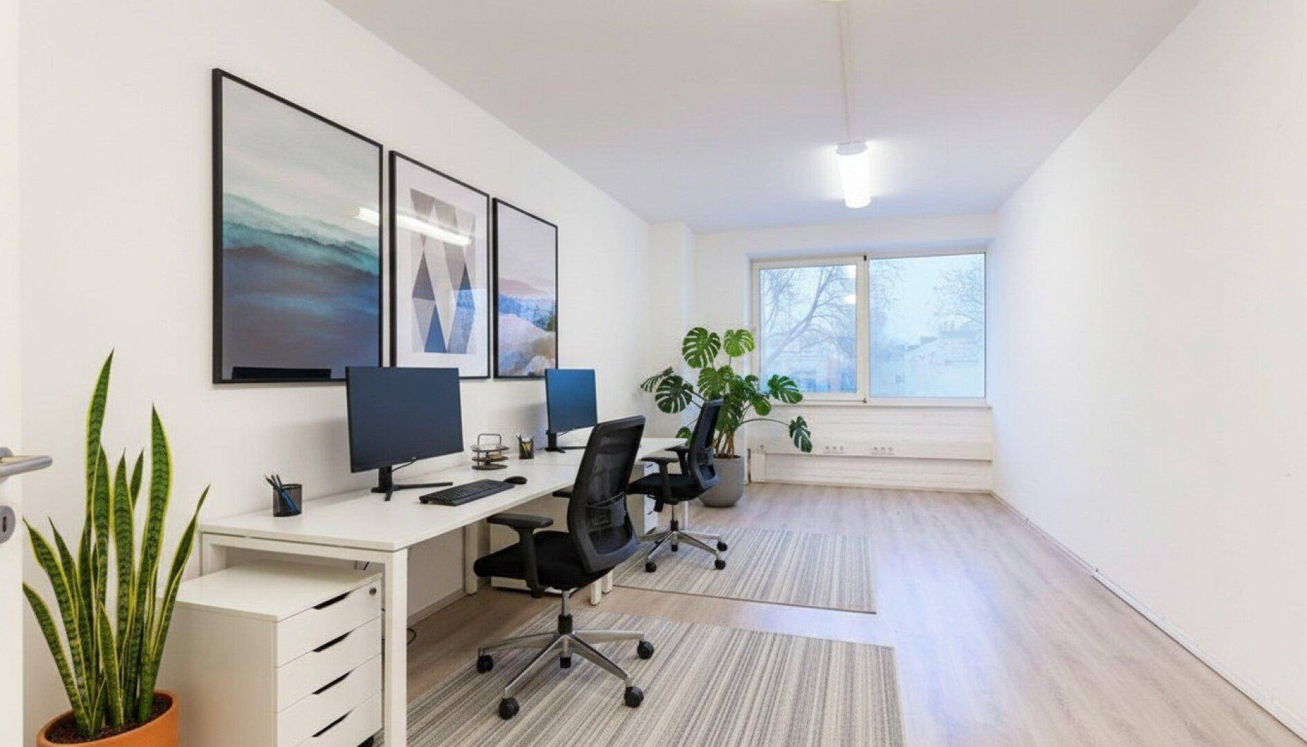 Modernes Büro mit zwei Arbeitsplätzen, Pflanzen und Kunstwerken, bietet eine angenehme Arbeitsatmosphäre.