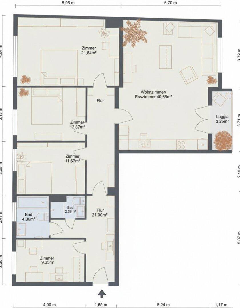 Grundriss einer Wohnung mit mehreren Zimmern, einem offenen Wohn-/Esszimmer und einer Loggia.