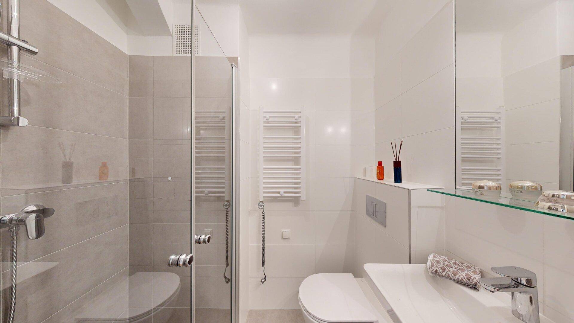 Modernes Badezimmer mit Duschkabine, Wand-WC und elegantem Waschbeckenbereich.